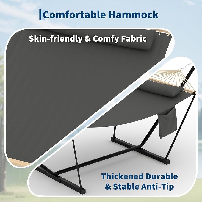 Double Hammock with Stand, 2 Person Heavy Duty Outdoor Hammock with 12FT Stand, Adjustable Steel Frame, Detachable Pillow, Carry Bag Included, 450lbs Capacity, Indoor Outdoor Swing Bed– Dark Gray