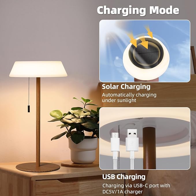 Solar LED Outdoor Table Lamp Waterproof, 3 Level Dimmable Desk Night Light, Portable Cordless USB Rechargeable, for Home/Deck/Patio/Garden (Wood Grain)