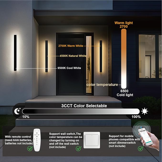 31.49 Inch Outdoor Wall Lights, Ip65 Waterproof Linear Led Modern Wall Sconce, 2700-6500K Dimmable Selectable LED Strip Porch Lights with Remote Dimming Lighting Fixture Acrylic Anti Rust