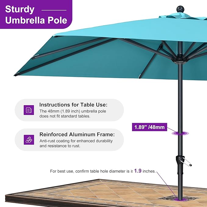 PURPLE LEAF 10' x 10' Square Patio Market Umbrella with Base Outdoor Table Umbrellas Aluminum Frame Sun Shade with 8 Sturdy Ribs for Garden Deck Lawn Pool Turquoise Blue