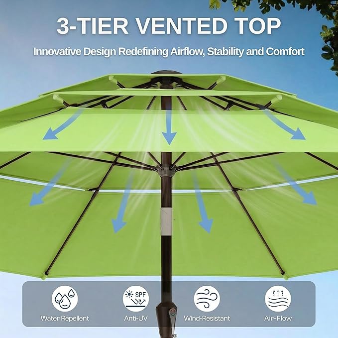 10ft Patio Umbrella, 3 Tier Outdoor Market Table Umbrellas with 8 Fiberglass Ribs and Push Button Tilt, Windproof, Vented Canopy, UV Protection for Deck, Pool, Backyard