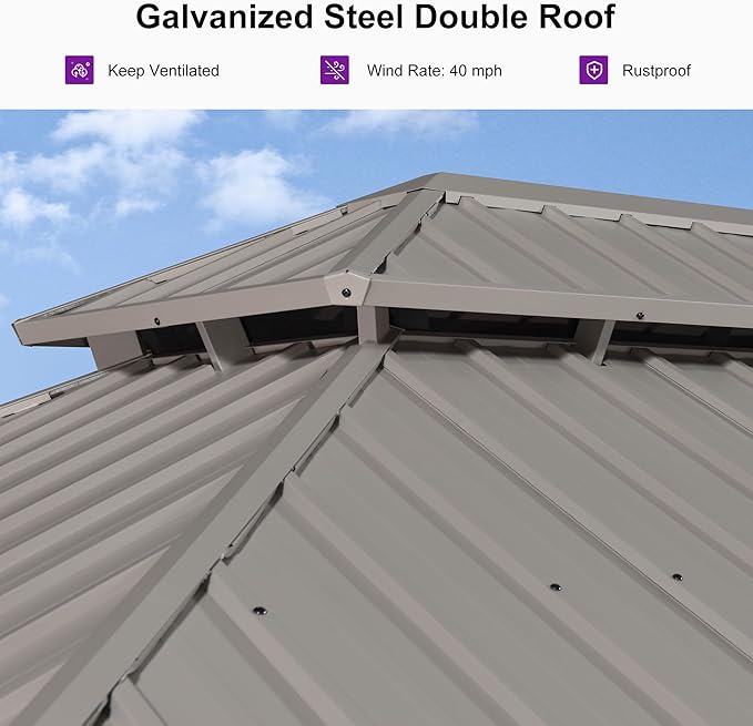PURPLE LEAF 12' x 16' Outdoor Hardtop Gazebo, Champagne Aluminum Frame with Galvanized Steel Double Roof, Curtains and Netting for Patio Lawn and Garden