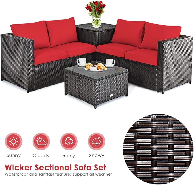 DORTALA 4-Piece Outdoor Patio Furniture Set, Weather Resistant PE Rattan Conversation Set with 2 Loveseats, Outdoor Sectional Sofa Set with Comfy Cushions for Garden and Poolside, Red