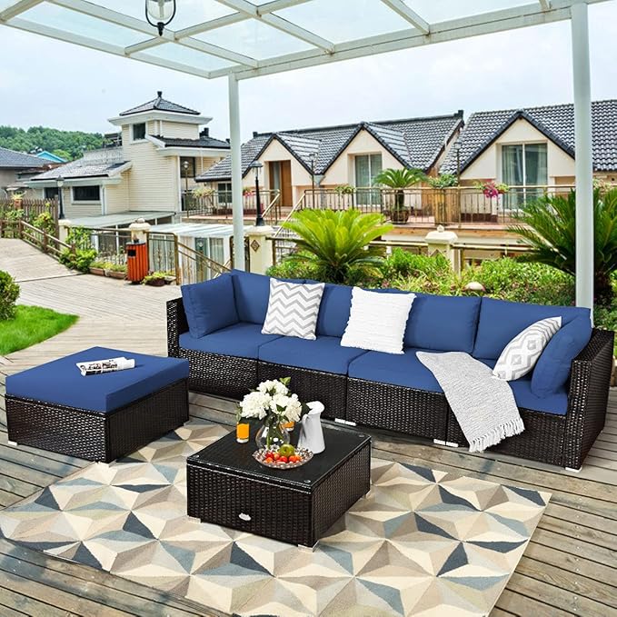 COSTWAY 6-Piece Outdoor Patio Furniture Set, Rattan Sectional Sofa Set with Tempered Glass Coffee Table, Cushions and Ottoman for Garden, Deck, Backyard (Navy)