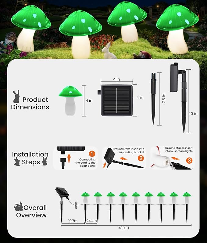 Solar Mushroom Lights Outdoor 9 Pack, Garden Outdoor Decor, 8 Lighting Modes, IP65 Waterproof, Crystal-Clear Fairy Decoration for Pathway/Yard/Flower Bed/Patio/Landscape/Backyard/Dwarf, String 30 FT