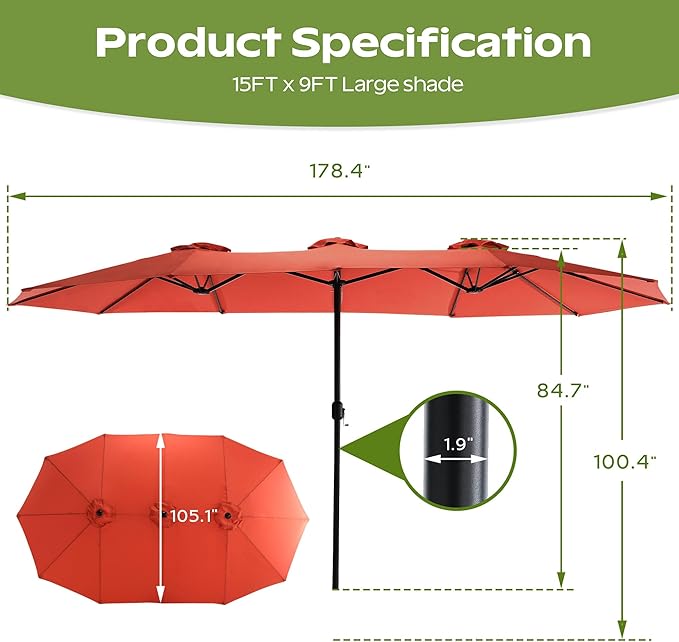 15ft Umbrella Outdoor Patio - Double-Sided Large Market Rectangle Umbrellas with Crank Handle for Patio Garden Yard Pool (No Base)