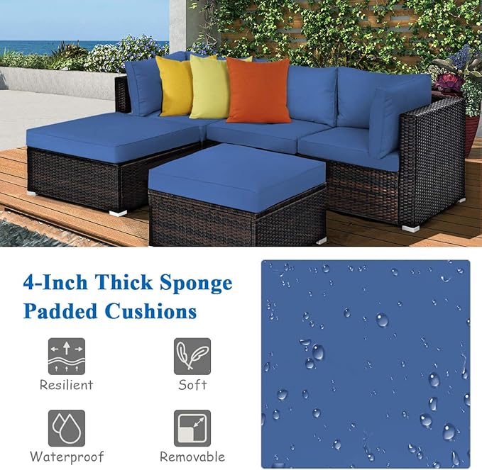 Tangkula 5 Piece Patio Furniture Set, Outdoor Sectional Rattan Sofa Set with Cushions and Coffee Table, Suitable for Backyard Porch Garden Poolside and Deck, Wicker Conversation Set (Navy Blue)