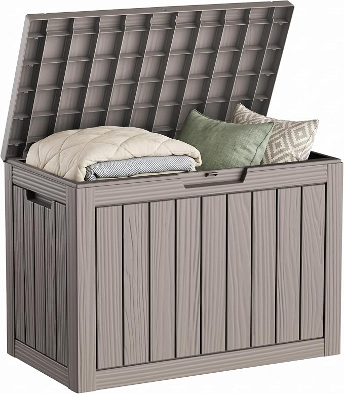 DRATO 50 Gallon Outdoor Storage Box Waterproof, Lockable Resin Deck Box for Patio Furniture, Pool Supplies & Garden Tools, Weatherproof Outside Storage Bin for Backyard Porch (Grey, 50 Gallon)