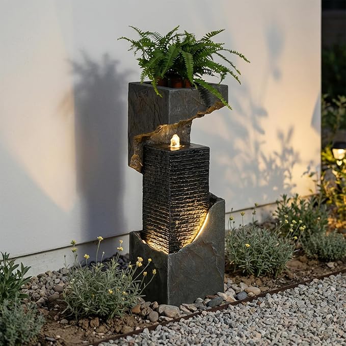 Modern Rectangular Water Fountain Outdoor with LED Lights & Planter Top, 35.4" Tall Resin Cascading Waterfall Feature for Patio Backyard Garden Décor, Outdoor Water Feature