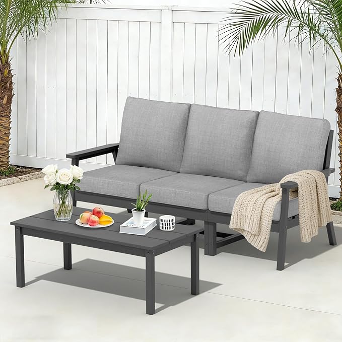 LOUNZY HDPE Outdoor Furinture Set, 4 Piece Sectional Sofa Outdoor Furniture Set, All Weather Outdoor Couch Set Patio Furniture Set for Deck, Lawn, Grey