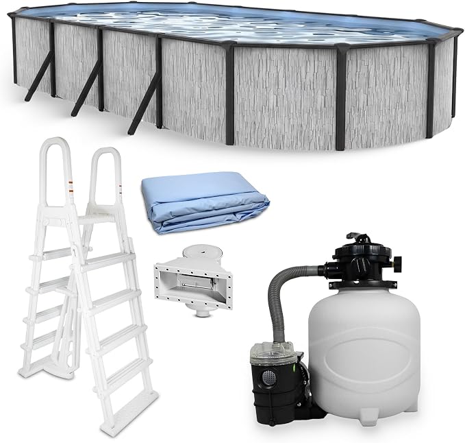 Blue Wave Sevilla 12x24-ft Oval 52-in Deep Hard Sided Steel Frame Above Ground Pool with 6-in Steel Top Seats, 0.5 HP Sand Filter System, Ladder, Skimmer & Liner – 6,300 Gallon Cap for Family Use