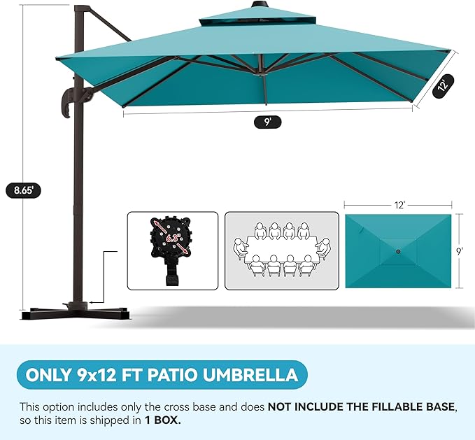 GENTEACO 9x12FT Cantilever Patio Umbrella, Double Top Rectangle Offset Umbrella 7 Angle Tilts & 360° Rotation, Large Heavy Duty Outdoor Sun Umbrella for Pool Market, Turquoise Blue
