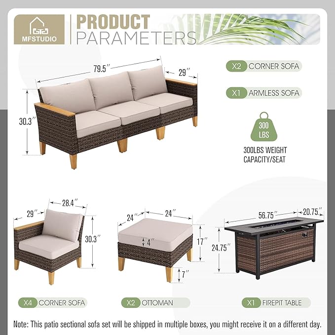 MFSTUDIO 9 Piece Wicker Patio Furniture Set with 56" Fire Pit Table, All-Weather Extra Large Rattan Patio Conversation Set, 2 x Loveseat Sofa, 2 x Ottoman, 3-Seat Sofa, Outdoor Patio Sectional Sofas