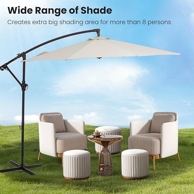 10FT Patio Umbrella, Outdoor Offset Cantilever Umbrella with Sturdy 8 Ribs, Easy Tilt Adjustment for Backyard Pool Garden,Off-White