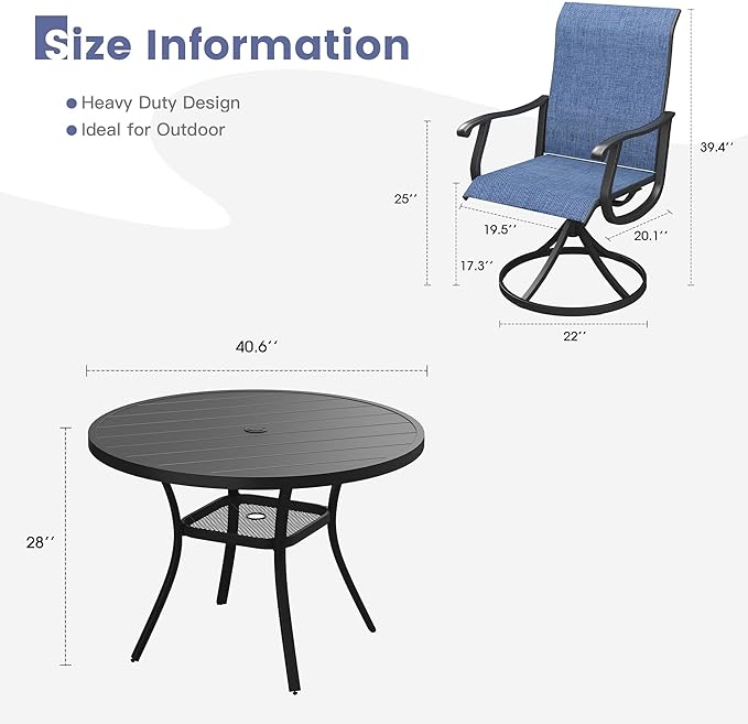 VICLLAX 5 Pieces Outdoor Dining Set, Patio Furniture Set of 4 Patio Swivel Dining Chairs and 41" Patio Round Table with Storage Shelf, Navy Blue Chairs & Black Tabletop