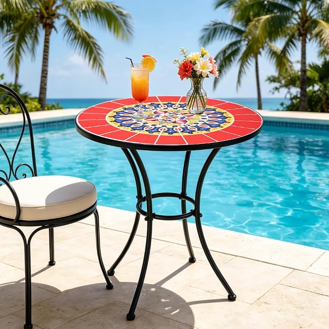 24 Inch Mosaic Patio Round Side Table with Ring Curved Legs Indoor and Outdoor Accent End Table for Yard, Garden, Living Room, Bistro, A - Red Mandala