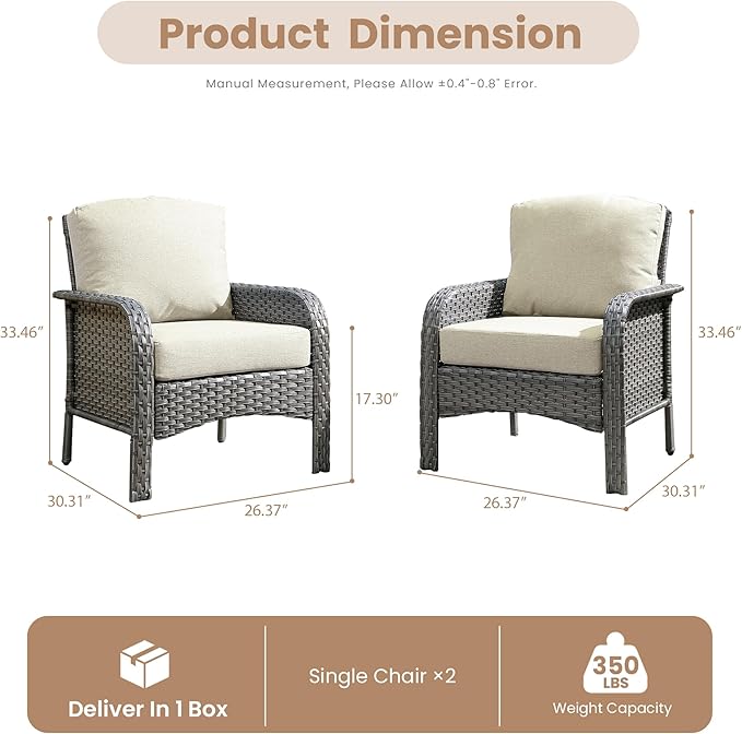2 PCS Outdoor Patio Furniture Set with Thickened Cushions, All-Weather Rattan Wicker Outdoor Conversation Set for Porch,Backyard,Balcony,Beige
