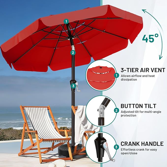 AreShark 9FT 3-Tiers Patio Umbrella with Valance, Outdoor Umbrellas with Crank/Tilt, Table Market Umbrella Vented w/ 8 Sturdy Ribs for Garden, Deck, Backyard, and Pool, Red
