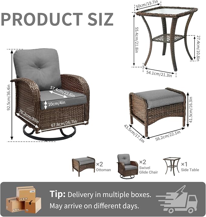 All Weather Patio Furniture Set, High Back Swivel Rocker Glider Chairs，Ottomans & Glass Tables, Outdoor Conversation Set for Deck Porch Yard Poolside (Grey, 5PCS-Swivle Chairs&Ottomans&Table)