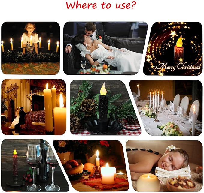 CVHOMEDECO. Glitter Flameless Candles Flickering Battery Operated LED Taper Candles with Timer for Home, Wedding, Halloween, Christmas Decor. Black, 4-3/4 Inch, Set of 3