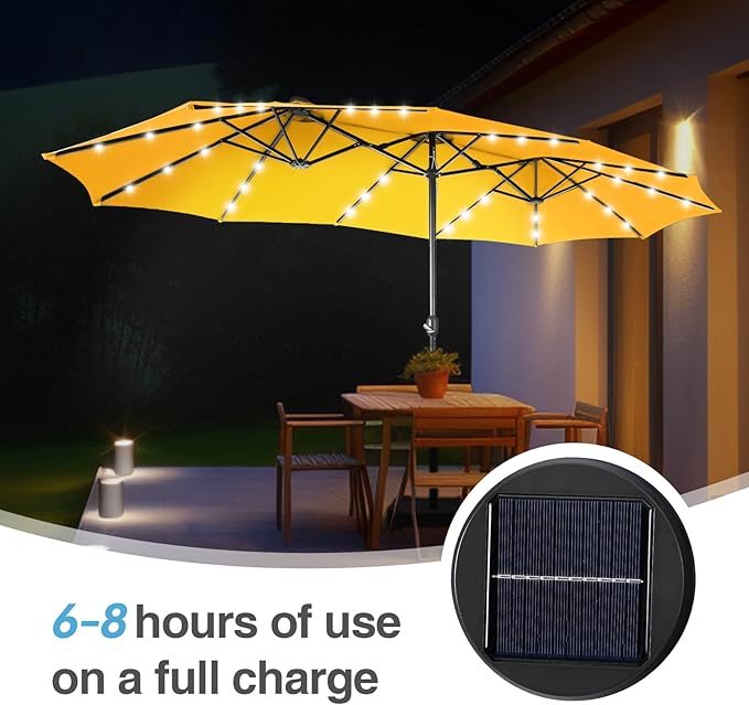 GREEN PARTY 15 ft Large Outdoor Patio Umbrella with Solar Led Lights & Base Included, Double-Sided Rectangular Table Umbrella with Stand, Market Umbrellas for Deck Poolside Garden Backyard, Gold Yellow