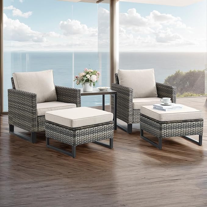 Wicker Outdoor Patio Furniture Set - 5 Piece Patio Conversation Set with 2 Wicker Armrest Chairs,2 Rattan Ottoman and 1 Metal Side Table for Outside Porch Deck Backyard Garden(Mixed Grey/Beige)