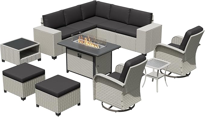 12-Piece Outdoor Patio Furniture Set with Fire Pit, Modular Sectional Sofa Set with Swivel Rocker Chairs & Ottomans, Wicker Outdoor Couch Conversation Sets w/Coffee Table and Cushions, Black