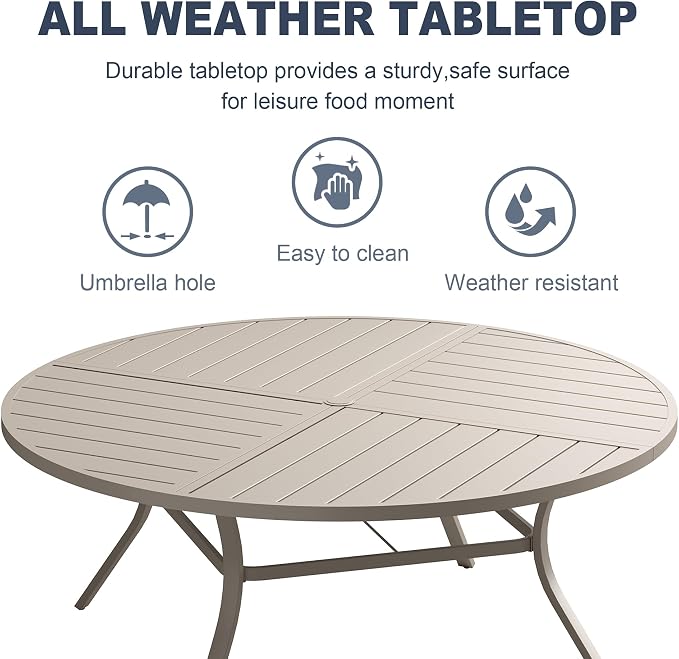 VICLLAX Patio 9 Pieces Outdoor Dining Set, 60" Round Metal Table with Umbrella Hole and 8 Swivel Textilene Chairs for Lawn, Garden, Porch, Sandshell