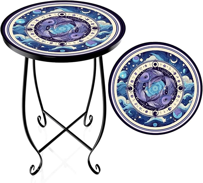 15 Inch Tall Outdoor Side Table, Metal Patio End Table with Twin Koi Fish Pattern, Rust Proof Black Small Garden Stool for Deck, Coastal Decor & Mermaid Table Gift