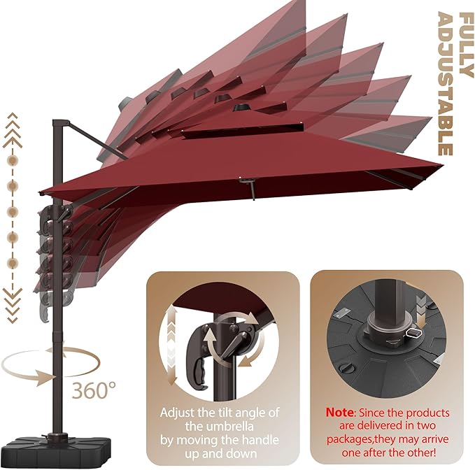 10x10Ft Patio Umbrella Outdoor Cantilever Rectangle Umbrella with Base Included, 6-Level Tilt & 360° Rotation Offset Umbrella for Garden, Deck, Pool(Red)