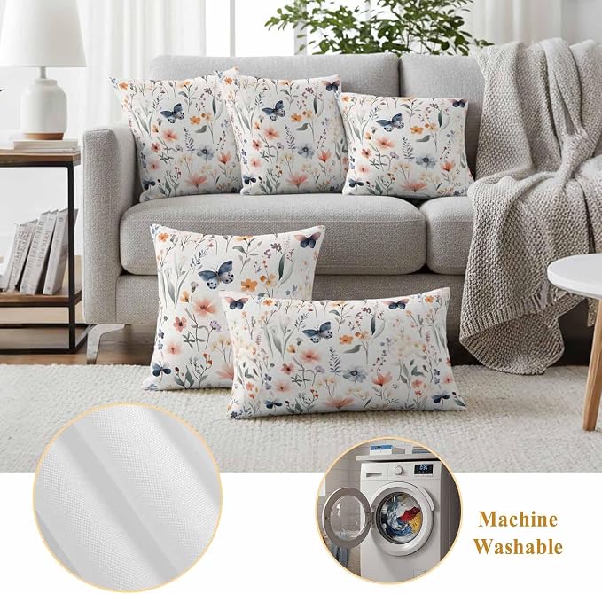 Spring Flower Butterfly Outdoor Waterproof Throw Pillow Covers Set of 2, 18"x18", Retro Watercolor Floral Leaf Decorative Pillow Covers Outside Cushion Case for Patio Porch Garden