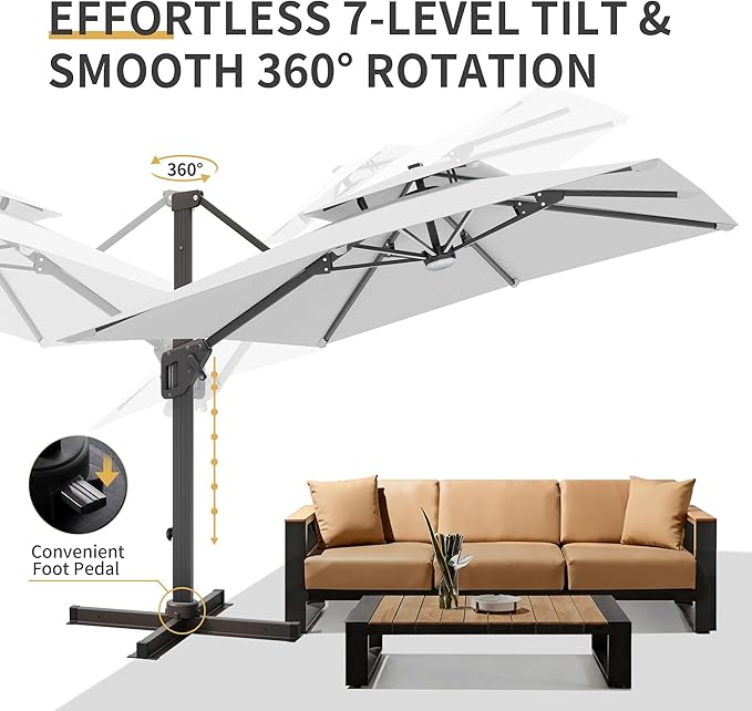 10 X 13 FT Cantilever Patio Umbrella with Led Lights Outdoor Rectangle Offset Large Double Top Heavy Duty Umbrellas with 360°Rotation for Pool Deck Backyard Garden, Fog Gray