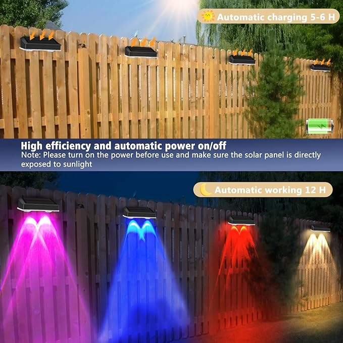 echosari 8 Pack Solar Fence Lights Outdoor Waterproof Color Changing 100 Lumen Ultra Bright Auto ON/Off for Backyard Patio Railing Porch Step (3000K-6500K & RGB)