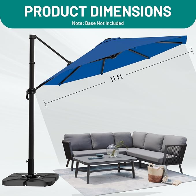 AreShark 11FT Round Cantilever Patio Umbrella with Base Included, 360° Rotation Offset Outdoor Umbrella, 5 Tilt Settings Heavy Duty Hanging Parasol for Deck Garden Pool, Royal Blue