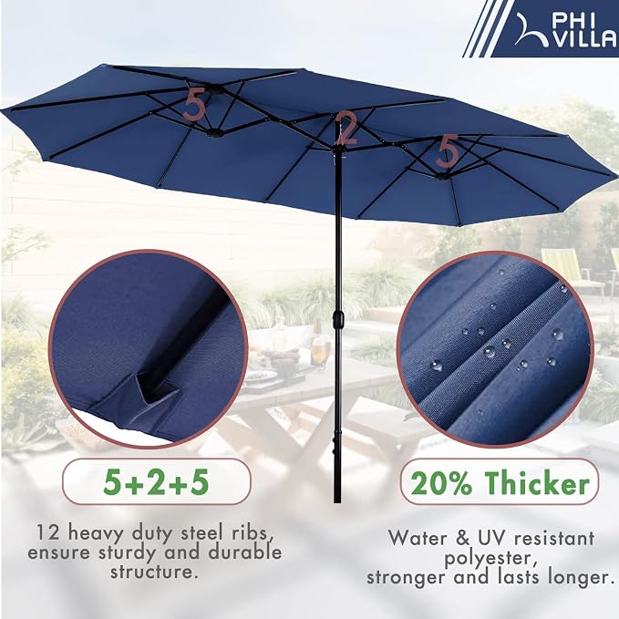 PHI VILLA 7pc Patio Dining Set w/Umbrella, Rectangular Table, Rattan Chairs | Outdoor Dining Set for 6, 60” Metal Table & 6 Cushioned Rattan Chairs with Blue Umbrella for Outdoor, Deck, Yard, Porch