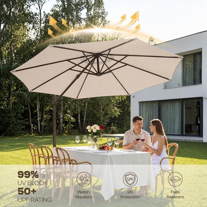 Kingdura 9ft Cantilever Patio Umbrella with Base Included, Large Round Metal Outdoor Offset Umbrella with 360-degree Rotation, 4 Position Tilt, UV Protection for Pool Deck Patio (Beige)
