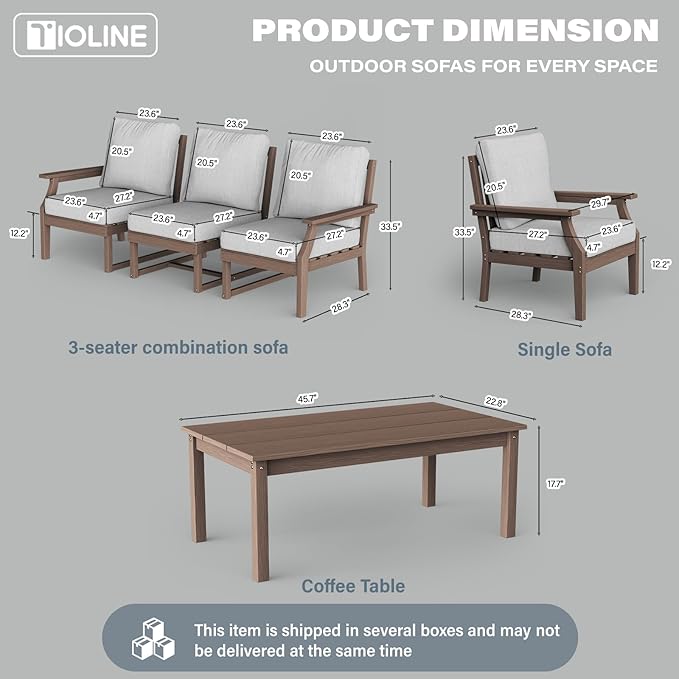 HDPE Patio Conversation Set, 6-Piece All Weather Outdoor Furniture Set with 2 Single Armchairs for Deck, Lawn, with Cushion, Brown