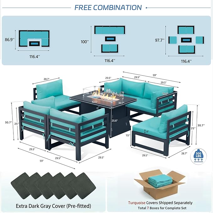 NICESOUL 7 Piece Large Modern Aluminum Outdoor Patio Furniture Set with Fire Pit Table, 29" Wide Deep Seat, Fade Resistant Comfy Sectional Sofa, 500 lbs Sturdy Backyard Conversation Set, Turquoise