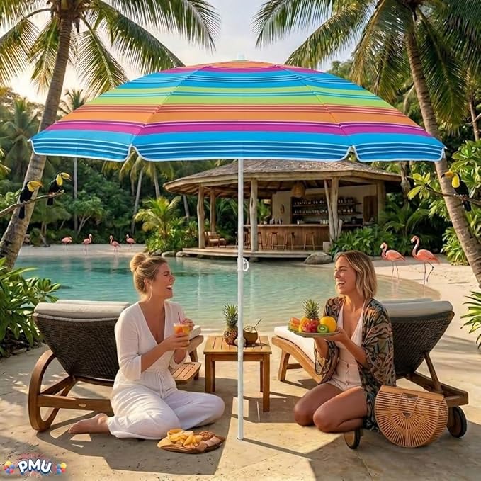 PMU 6ft Multicolored Beach Umbrella – Vibrant Rainbow Stripe Design, 72in Open, 160G Polyester, Large Outdoor Patio Pool Parasol Umbrella for Garden, Deck, Backyard & Pool