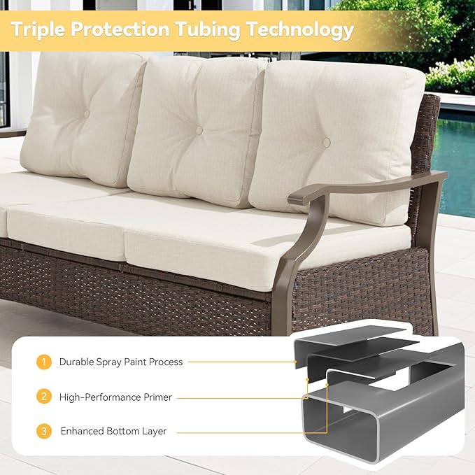 Outdoor Patio Furniture Set, 6 Pieces Outdoor Conversation Sets with Coffee Table, Side Table & Ottoman, Wicker Rattan Outdoor Sectional Sofa Set for Backyard, Deck, Porch, Poolside, Beig