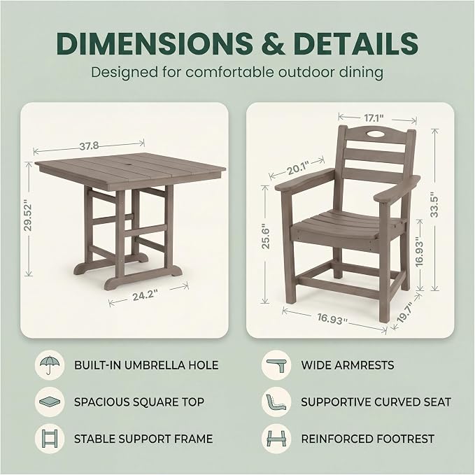 KEIKI 3-Piece HDPE Patio Dining Set Table Armchairs for Garden Small Patio Apartment All-Weather Durable Outdoor Dining Furniture Compact 2-Person Space Easy Maintenance Modern Living Set, Brown