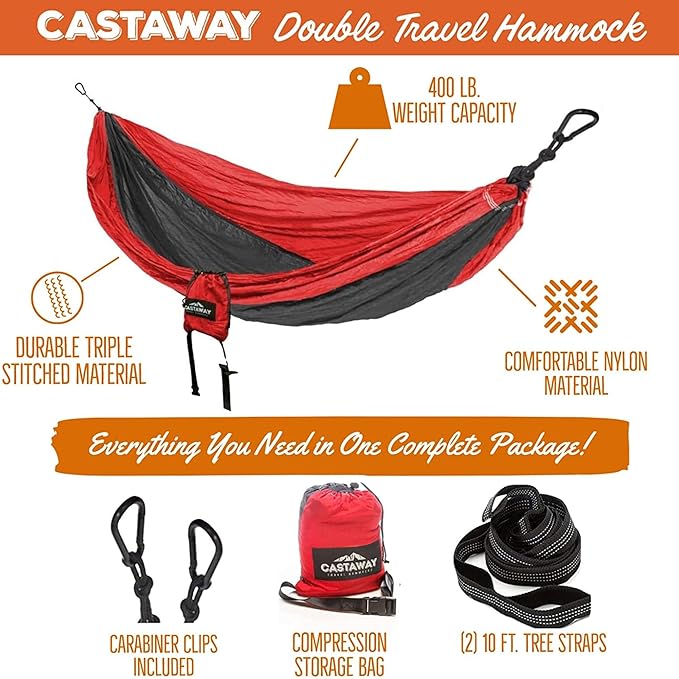 Hammock In a Bottle By Castaway Living, Red/Black Double Camping Hammock with 2 Tree Straps, 32 oz. Bottle, Triple Stitched Durable Nylon Material, Compact Design for Travel, Beach, Backyard, 400 Lbs.