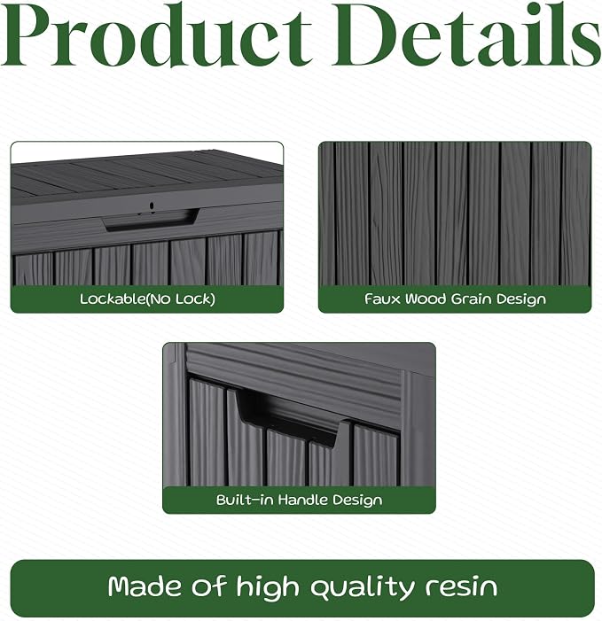 PatioZen 50 Gallon Deck Box Outdoor,Weatherproof Resin Patio Storage Box,Waterproof Outdoor Storage Boxes with Lid Lockable for Cushions,Garden Tools,Black