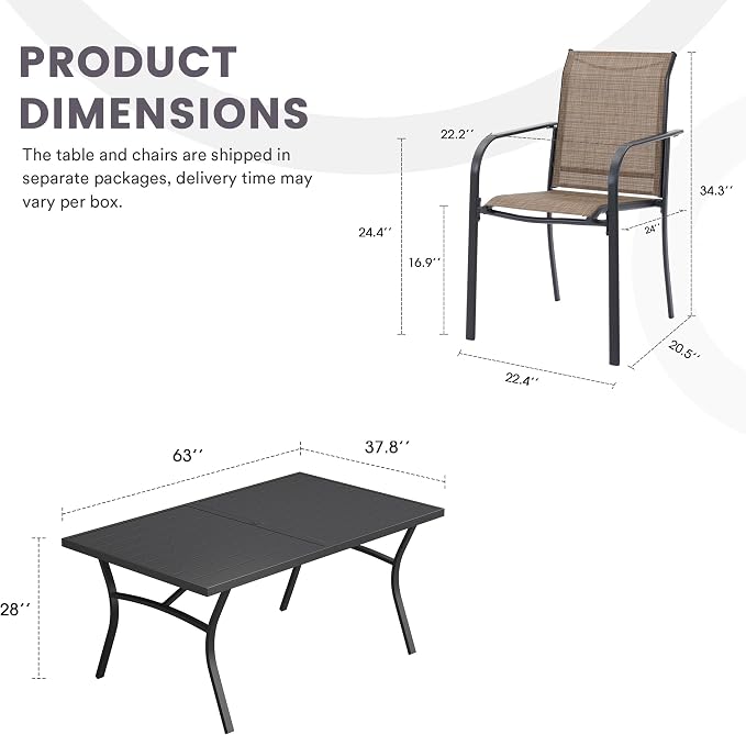 7 Pieces Patio Dining Set, 63" Rectangular Dining Table with Umbrella Hole, 6 Stackable Textilene Fabric Chairs, Metal Structure for Patio, Porch, Garden(Black Table, Brown Chair)