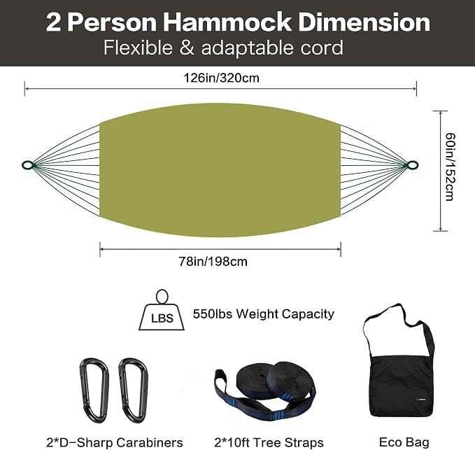 CHULIM Handwoven Mayan Hammock with 10ft Tree Straps, 550lbs Capacity Soft Rope Double Hammock, Portable Outdoor Hammock with Carry Bag for Camping Backyard Beach - Green