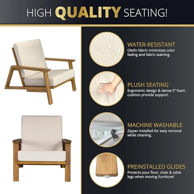4-Piece Deep Seating Teak Wood Patio Furniture Set, Teak Wood Outdoor Conversation Sofa Set with Cushioned Loveseat, Armchairs and Coffee Table for Garden, Deck, Backyard