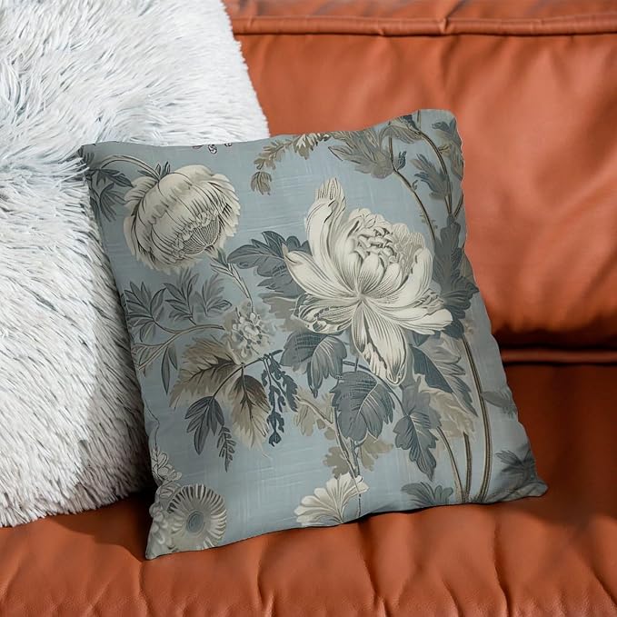 Spa On Flax Blue Chinoiserie Pillow Cover Grey Peony Asian Throw Pillow Cover Rustic Throw Pillow Covers Farmhouse Decorative for Sofa Bed Chair Car 22x22 in