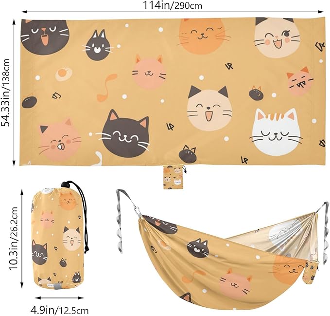 Cute Cartoon Cat 330lb Capacity Camping Hammock with Portabl Carry Bag Tree Hammock for Outside Patio Backyard Poolside hamacas para adultos 2 Personas