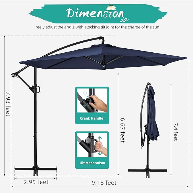 Shintenchi Offset Patio Umbrella with Easy Tilt Adjustment,Crank and Cross Base, Outdoor Cantilever Hanging Umbrella, Sunshade Free Standing Canopy, Navy Blue