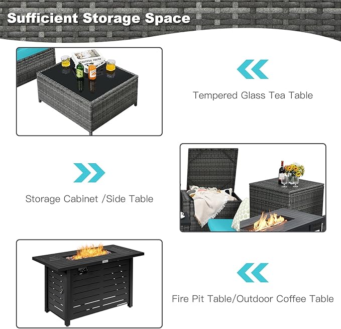 Tangkula 9 Pieces Patio Rattan Furniture Set, Patiojoy Sectional Sofa Set w/Storage Box, Coffee Table, Outdoor Wicker Conversation Set w/ 42” ETL Approved Propane Fire Pit Table (Turquoise)
